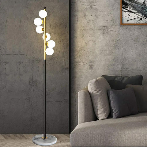White Glass Shade Marble Base Floor Lamp With Six LED Bulbs Included Modern Mid Century Style in living room by sofa