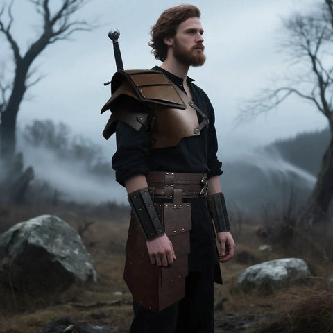 Person wearing Mens Leather Medieval Pauldron Armor Set 8 Piece Viking Knight LARP Ren Faire Cosplay Shoulder Armor in brown
