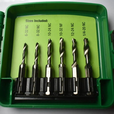 Metal Drill And Tap Kit For Greenlee With Quick Change Adapter Pro Grade Six Piece Drill Tap Deburring Set 6 32 to 1 4 20 Sizes