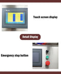 Touchscreen controls of Straight Up Desktop Auto Labeler for easy operation, with emergency stop button for safety.