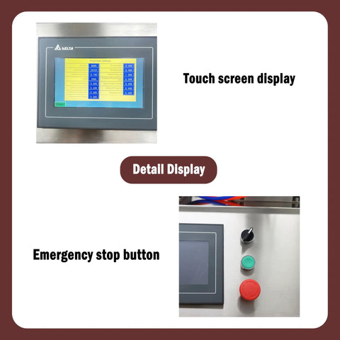 Touchscreen controls of Straight Up Desktop Auto Labeler for easy operation, with emergency stop button for safety.
