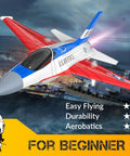 F 16 Fighting Falcon RC Plane With 2.4GHz 2CH Remote in flight with red wings, shown with gyro stabilization and LED lights
