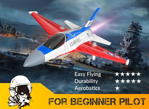 F 16 Fighting Falcon RC Plane With 2.4GHz 2CH Remote in flight with red wings, shown with gyro stabilization and LED lights
