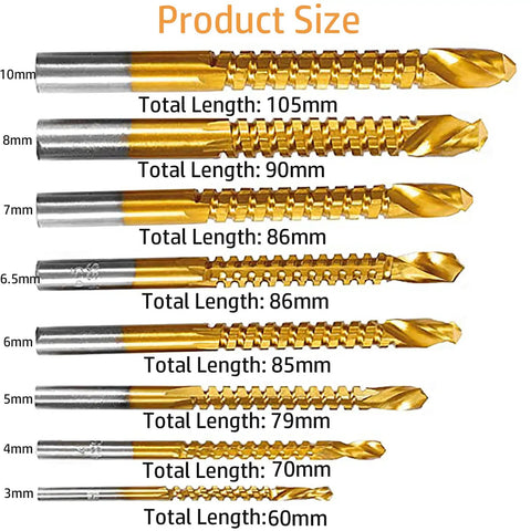 Image showing sizes of the 8 Piece Titanium Coated HSS Twist Drill Bit Set Featuring Serrated Side Cutting Edge Gonna Cut Clean Through Wood Plastic And Thin Metal Straight Up Built For Zero Hassle Use.