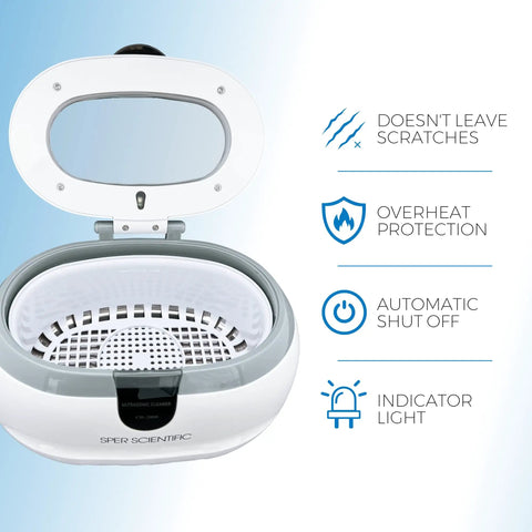 Portable Stainless Steel Ultrasonic Cleaner Blast Grime Off Rings Necklaces Glasses Watches And Coins With A Roomy 20oz Tank open lid showing features.