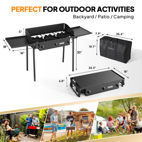Three Burner Outdoor Propane Stove With Side Shelf And Carrying Bag 225000 BTU Gas Cooker with dimensions and carrying case