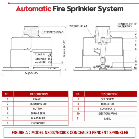 Pro Grade 1/2 Inch NPT Concealed Fire Sprinkler Head With Glass Bulb 155 Fahrenheit 68 Celsius UL CUL Listed diagram showing features and dimensions.