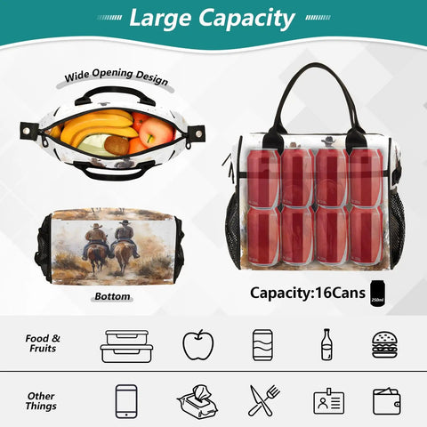 Desert Cowboy Insulated Nylon Lunch Bag For Women With Adjustable Shoulder Strap showing large capacity with food and beverage