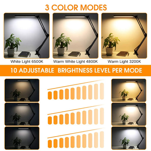 LED Desk Lamp With Swing Arm Clamp, 14W Eye Care Lighting, 3 Modes and Dimmable Brightness, USB Adapter Included