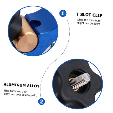 Close-up of Beefy Heavy Duty Woodworking Clamp With Quick Action Hold Down For Carpentry Projects showing T slot clip and screw.
