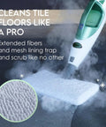 Pro Grade Replacement Microfiber Pads For Steam Mops 4 Pack in use on tile floor with steam mop, close-up detail inset