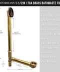 22 Inch Deep Soak Tip-Toe Drain Bath Waste And Overflow In Satin Nickel Finish, brass assembly diagram with measurements