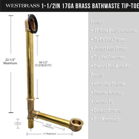 22 Inch Deep Soak Tip-Toe Drain Bath Waste And Overflow In Satin Nickel Finish, brass assembly diagram with measurements