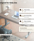 Solid Rubberwood Electric Standing Desk With Crisp Walnut Top, Smooth Single Motor Lift, overview with laptop and care instructions.