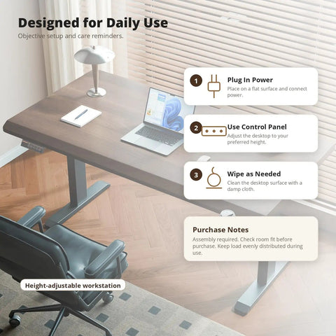 Solid Rubberwood Electric Standing Desk With Crisp Walnut Top, Smooth Single Motor Lift, overview with laptop and care instructions.
