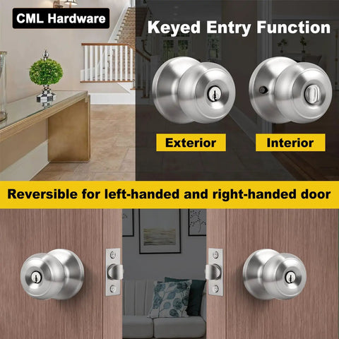 Two Pack Entry Door Knob Set With Keyed Different Locks In Solid Stainless Steel Round Ball Handle for Exterior and Interior Doors