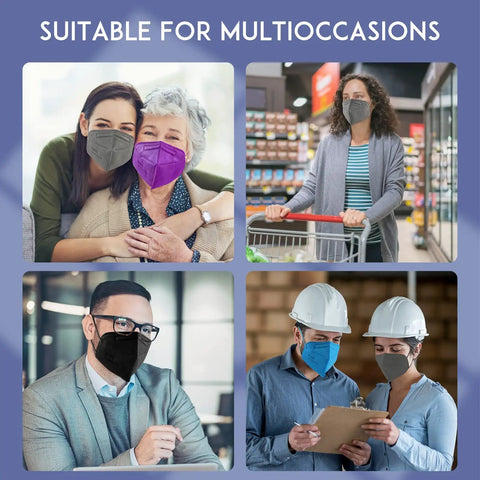 Four adults wearing Five Layer Breathable Face Mask Pack For Adults With Cup Design And All Day Comfort Fit Protection Against PM25 Dust