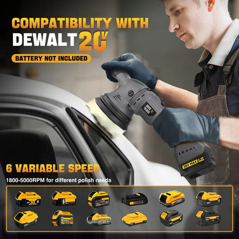 Man using Cordless Buffer Polisher Kit 6 Inch Orbital Car Polisher With Variable Speed 1800 To 5500 RPM on car surface.
