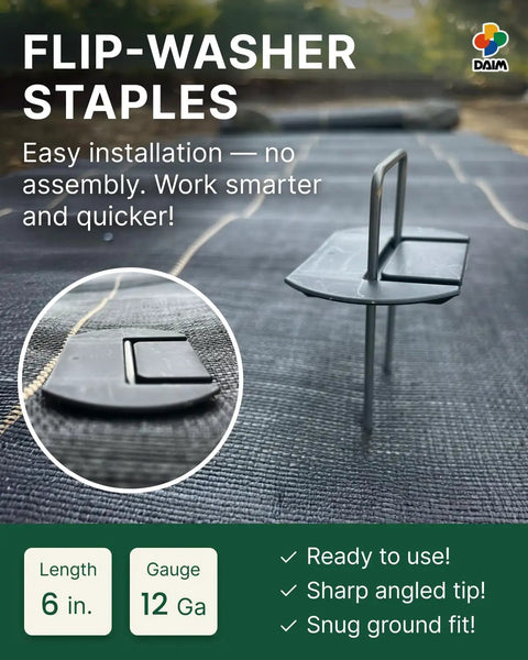 Flip Washer Garden Stakes And Landscape Staples, 6 Inch Metal Yard Spikes for Landscaping, installed in fabric.