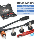 PEX A Expander Tool Kit with self rotary expansion heads 1/2, 3/4 and 1 inch plus PEX cutter and lubricant set
