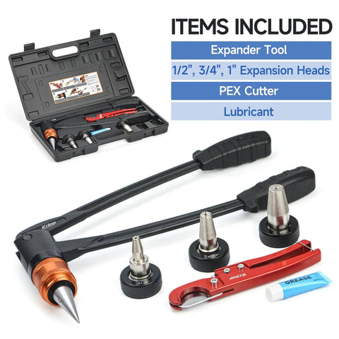 PEX A Expander Tool Kit with self rotary expansion heads 1/2, 3/4 and 1 inch plus PEX cutter and lubricant set