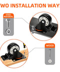 Image showing Heavy Duty Industrial Casters Set Of 4 With Locking Swivel Top Plate Wheels For Furniture And Workbench Carts, 3 Inch Diameter, Load Capacity Up To 1500 Lbs, Includes 2 Braked And 2 Unbraked Casters and two installation methods for attaching to steel and wood surfaces.