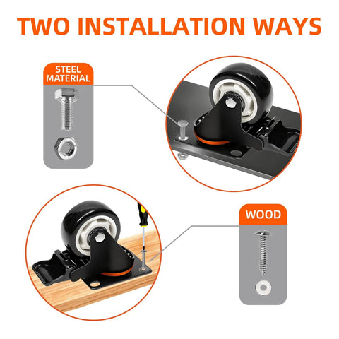 Image showing Heavy Duty Industrial Casters Set Of 4 With Locking Swivel Top Plate Wheels For Furniture And Workbench Carts, 3 Inch Diameter, Load Capacity Up To 1500 Lbs, Includes 2 Braked And 2 Unbraked Casters and two installation methods for attaching to steel and wood surfaces.
