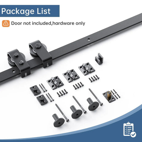 Slick 28 Inch Bifold Sliding Barn Door Hardware Track Kit With Top Mount Rollers For Double Closet Doors includes rollers and mounting hardware.
