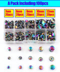 Rainbow Tubular Double Cap Leather Rivets Assorted Size Metal Hardware Kit For Jackets Bags And Diy Gear Premium Bright Finish, 100 pcs with five sizes.