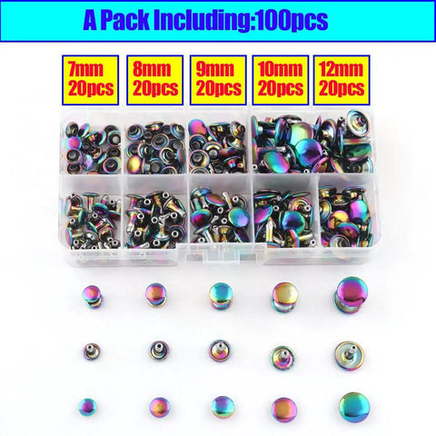 Rainbow Tubular Double Cap Leather Rivets Assorted Size Metal Hardware Kit For Jackets Bags And Diy Gear Premium Bright Finish, 100 pcs with five sizes.