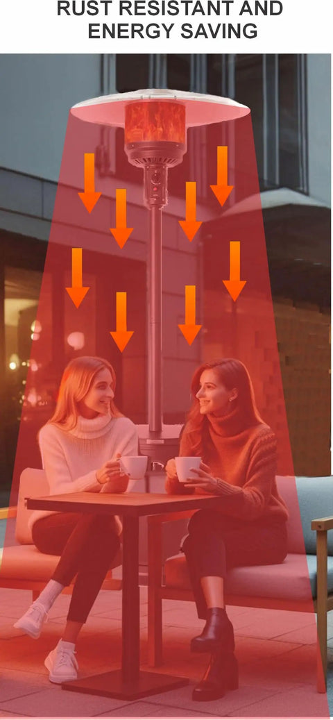 Premium Weatherproof Aluminum Round Reflector Shield For Patio Heaters 32 Inch Diameter in use, enhancing warmth outdoors