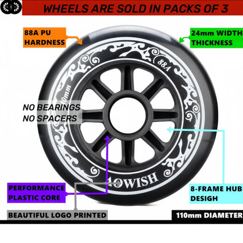 Close-up of 110mm Inline Skate Wheels 88A Outdoor Replacement Wheels Set of 3 highlighting features and dimensions.