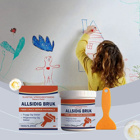 Child drawing on wall with crack repair paste and scraper tools in foreground for fixing plaster and drywall cracks.