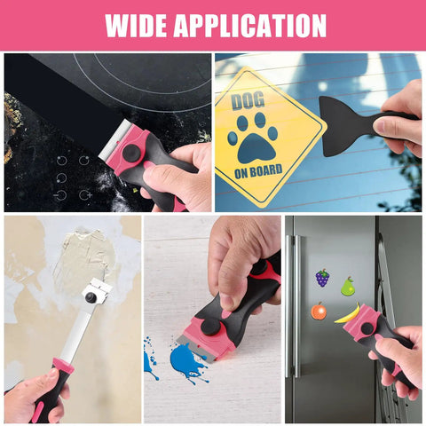 4 Pack Razor Blade Scraper Kit With 50 Blades, 20 Metal And 30 Plastic, Double Edged Handles, Long Handle Scrapers For Tackling Paint, Glue, Vinyl, Glass, Wallpaper Removal And Heavy Duty Scraping used on glass, paint, and decals