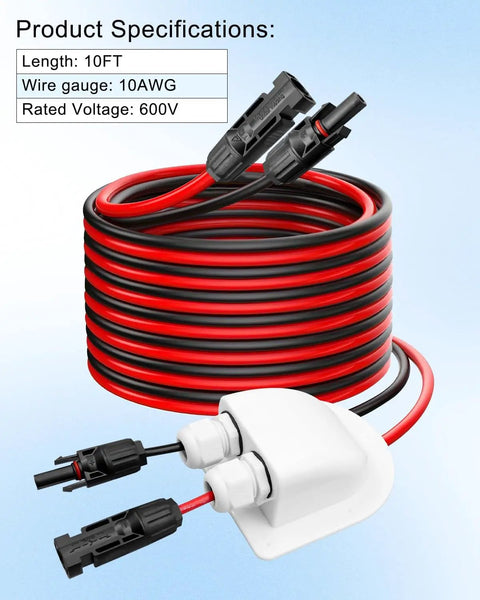 Solar Extension Cable Weatherproof Entry Gland Junction Box With Female And Male Connector Adapter 10 Ft 10 AWG