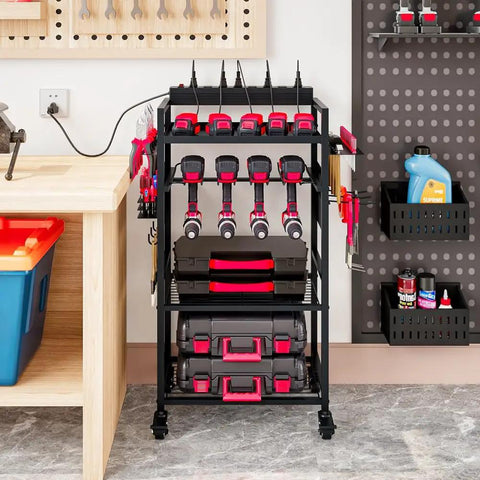 Power Tool Organizer Cart With Charging Station On Wheels For Heavy Duty Garage Use Rolling Tool Storage Cart For Drills Batteries Bits And Accessories Neat Workbench Shelving Unit For Grab And Go Access in a garage setting