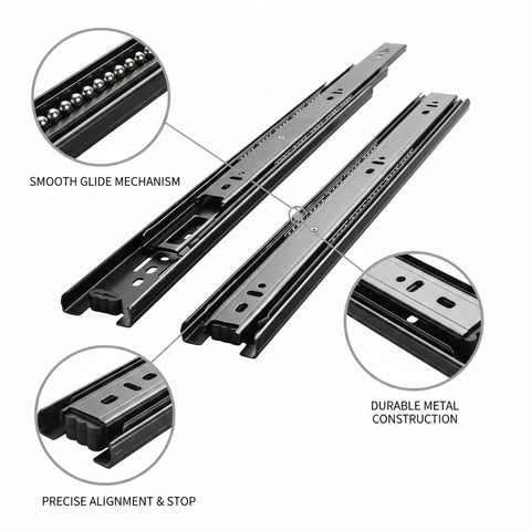 Rugged Metal Drawer Slides Twin Pack For Smooth Cabinet And Furniture Glide, Heavy Duty Replacement Rails In Black Stainless Steel