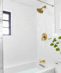 Premium Heavy Duty Brushed Gold Shower Tub Faucet Set With Complete Valve And Six Inch Rain Shower Head in modern bathroom.