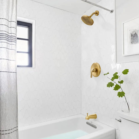 Premium Heavy Duty Brushed Gold Shower Tub Faucet Set With Complete Valve And Six Inch Rain Shower Head in modern bathroom.