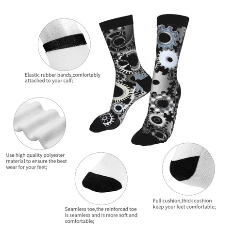 Gearhead Engineering Crew Socks with mechanical design, unisex one size, 98% polyester, features cushioned sole and elastic band.
