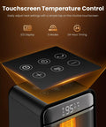 Portable 1500W Space Heater With 70 Degree Oscillation showing digital touchscreen controls with thermostat and timer settings