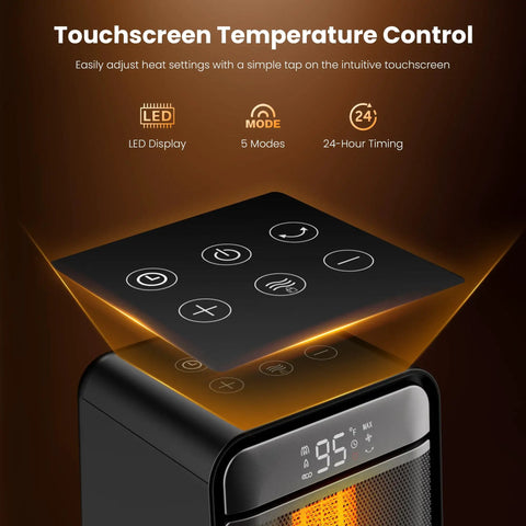 Portable 1500W Space Heater With 70 Degree Oscillation showing digital touchscreen controls with thermostat and timer settings