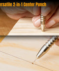 Slick Spring Loaded Dual Head Nail Setter With Center Punch For Precise Drilling And Marking Heavy Duty Hammerless Carpenter Tool in use on wood.