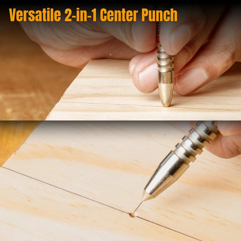 Slick Spring Loaded Dual Head Nail Setter With Center Punch For Precise Drilling And Marking Heavy Duty Hammerless Carpenter Tool in use on wood.