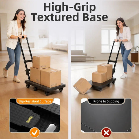 No Assembly Folding Hand Truck Dolly Cart with 440 lb Capacity being pushed with boxes indoors, highlighting high-grip textured base.