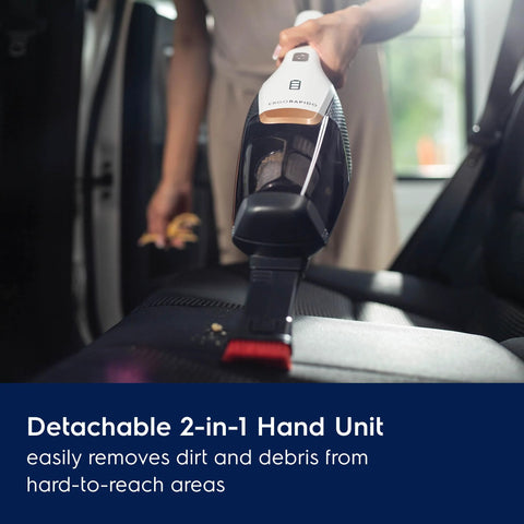 Electrolux Ergorapido cordless 2-in-1 vacuum, satin white with copper trim, side-view cleaning car seat