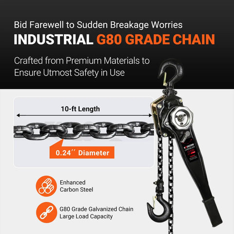 Manual Lever Chain Hoist One And A Half Ton 3300 Pounds Ten Foot Lift G80 Galvanized Carbon Steel Come Along, showing chain details
