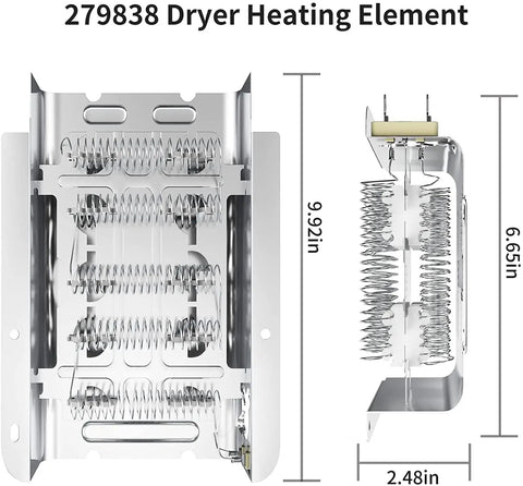 Dryer Heating Element Kit 279838 Replacement For Maytag Kenmore Amana Roper 3403585, showing dimensions and nickel-chromium coils.