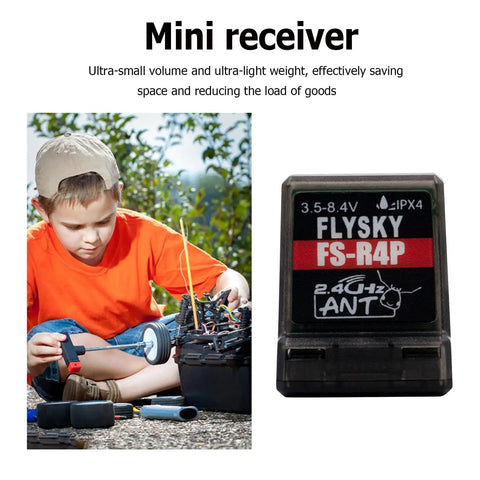 4 Channel 2.4GHz RC Receiver With Single Antenna, PWM Output, ANT Protocol shown with a young boy assembling an RC car outdoors