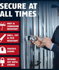 Man securing door with Diskus 20 To 70mm Padlock With Key 70mm Heavy Duty Stainless Steel Lock for outdoor and storage use.